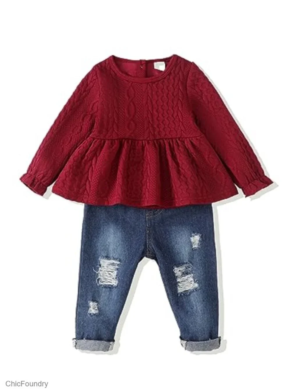 Toddler Girl Winter Outfit Set Ruffle Top Denim Pants Long Sleeve